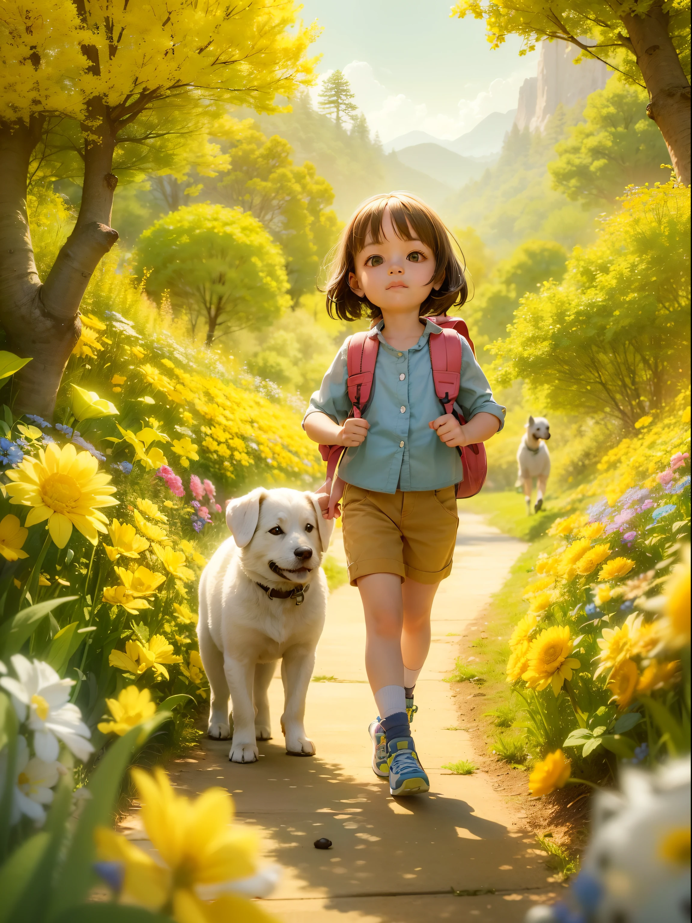 A very cute ***********，Carrying a backpack，and her cute puppy，Enjoying a beautiful spring walk，Surrounded by beautiful yellow flowers and nature. This illustration is a 4K high-definition illustration，The facial features are rich in detail，Cartoon Style.