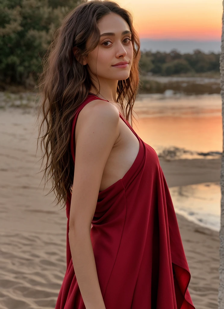 RAW photo, emmy rossum wearing Oxford Gray Poncho, background sunset (high detailed skin:1.2), 8k uhd, dslr, soft lighting, high quality, film grain, Fujifilm XT3, Long Hair, big breasts, sexy body, sexy red Dress slit 