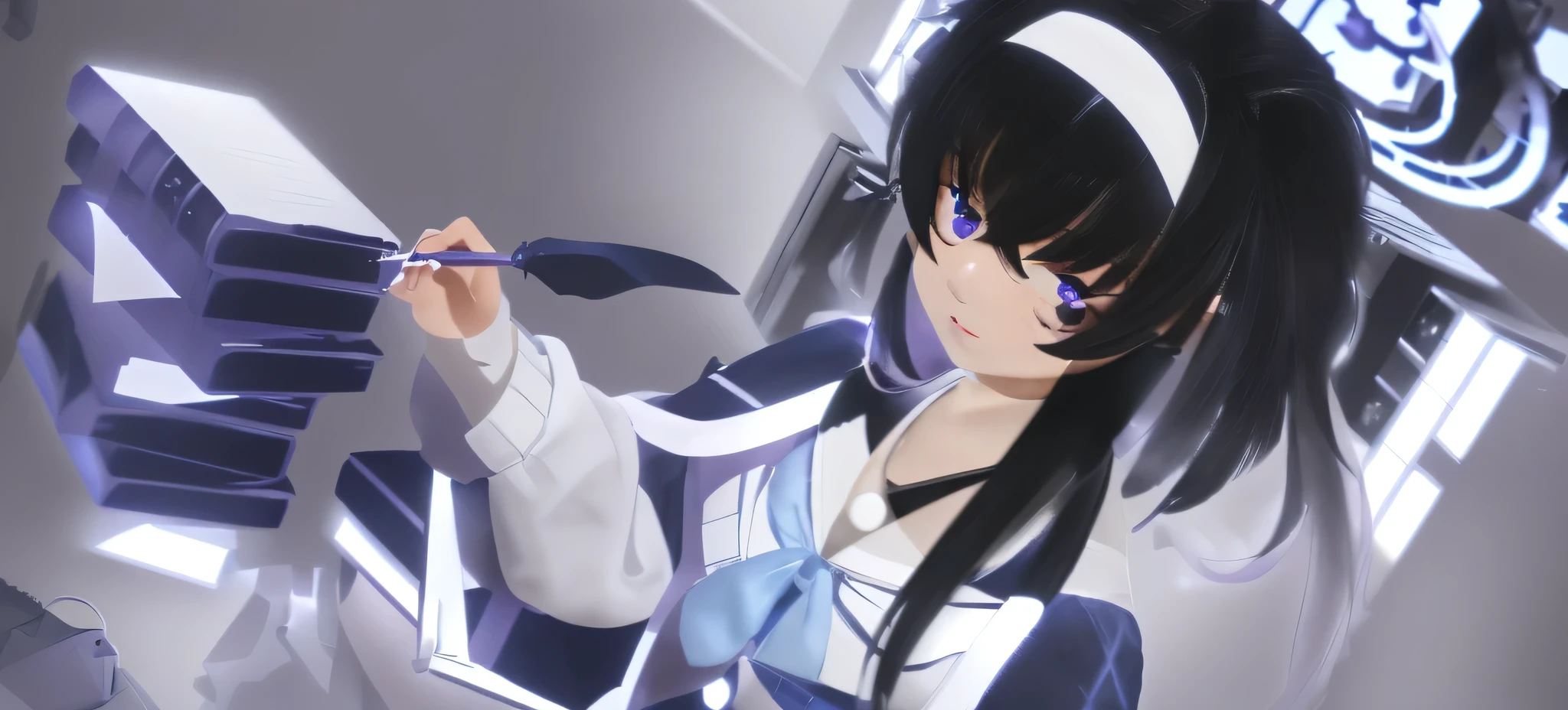 ui (blue archive),purple eyes,bags under eyes,low twintails,long hair,black hair,hairband, halo,white serafuku
