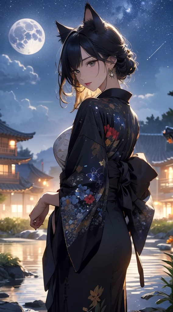 masterpiece, high quality, 4K, Beautiful design, Back view,silhouette， 非常に詳細な夜のStarry Sky,Flower Field， wonderful, Finer details,  Very knowledgeable woman, Highly detailed solo, 1 female,Cat ear，Big Breasts，kimono，Night view，Starry Sky，full moon，