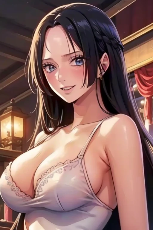 best quality, masterpiece, highly detailed,1girl,, Boa Hancock, , (masterpiece:1.5), Detailed Photo, Smiling, Sexy, (8K, Best Quality: 1.4), (1girl), Beautiful Face, (anime realistic Face), (Black Hair, long Hair: 1.3), Beautiful Hairstyle, Realistic eyes, beautiful detail eyes, (white skin), beautiful skin, absurd, attractive, ultra high resolution, ultra realistic, high definition, golden ratio, (sexually aroused:1.5), Pinkish white skin, cool white light, sexy pose, Beautiful , white background, pink soft white light, Wear a white dress, sexy armpit, black lace bra