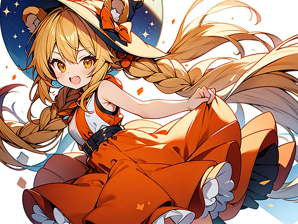 beautiful anime style,bear ears,little orange riding hood,
honey blonde braided twintails hair,orange sleeveless witch clothes,short pants,striped tights,laugh,