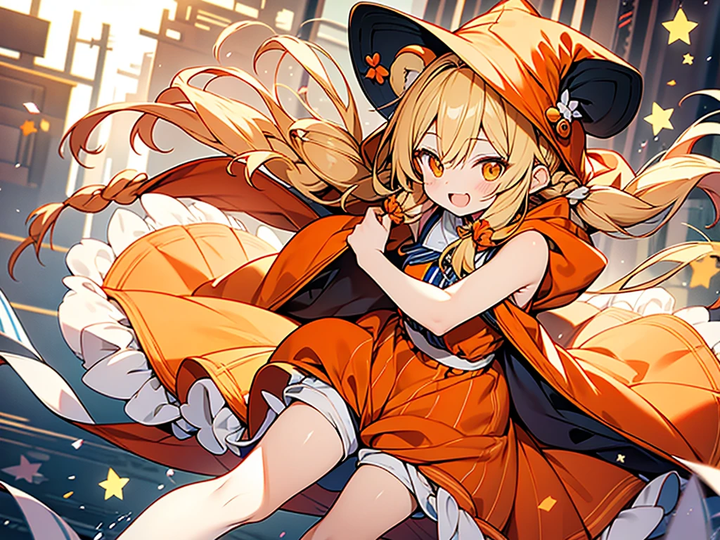 beautiful anime style,bear ears,little orange riding hood,
honey blonde braided twintails hair,orange sleeveless witch clothes,short pants,striped tights,laugh,