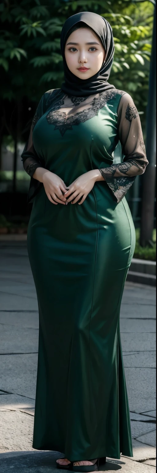 1 malay girl, modern plain hijab, shy, medium portrait, watery eyes, wearing dark green kebaya, ((big breasts)), black bokeh background, well-proportioned body,, chubby massive thighs, full body pose, Hena art on the body, hena art on full body, slightly fat body , voluptuous body , curvy body