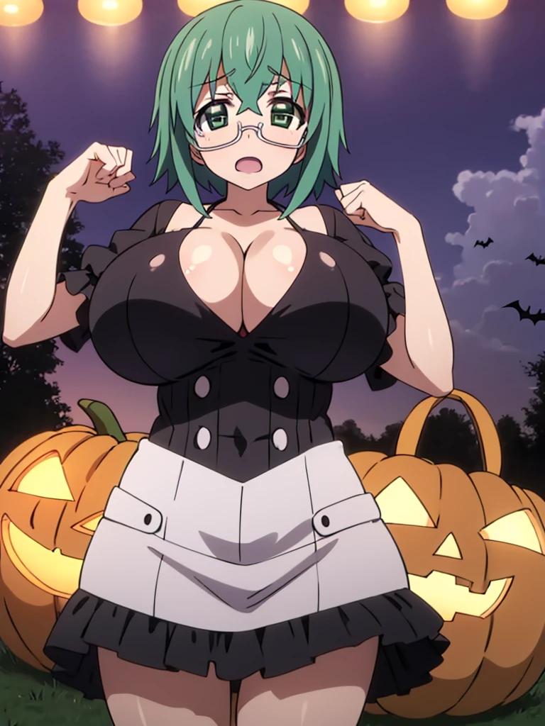 1girl, masterpiece, best quality, highres, high quality, maya yamada, short hair, (green eyes:1.3), green hair, glasses, semi-rimless eyewear, under-rim eyewear, tre anatomically correct, perfect body, tight thight, curvy, huge breasts, massive breasts, saggy breasts, Pretty face, perfect face, Reddening cheeks, ((Lewd)), heart-shaped pupil , (halloween costume), Night Town