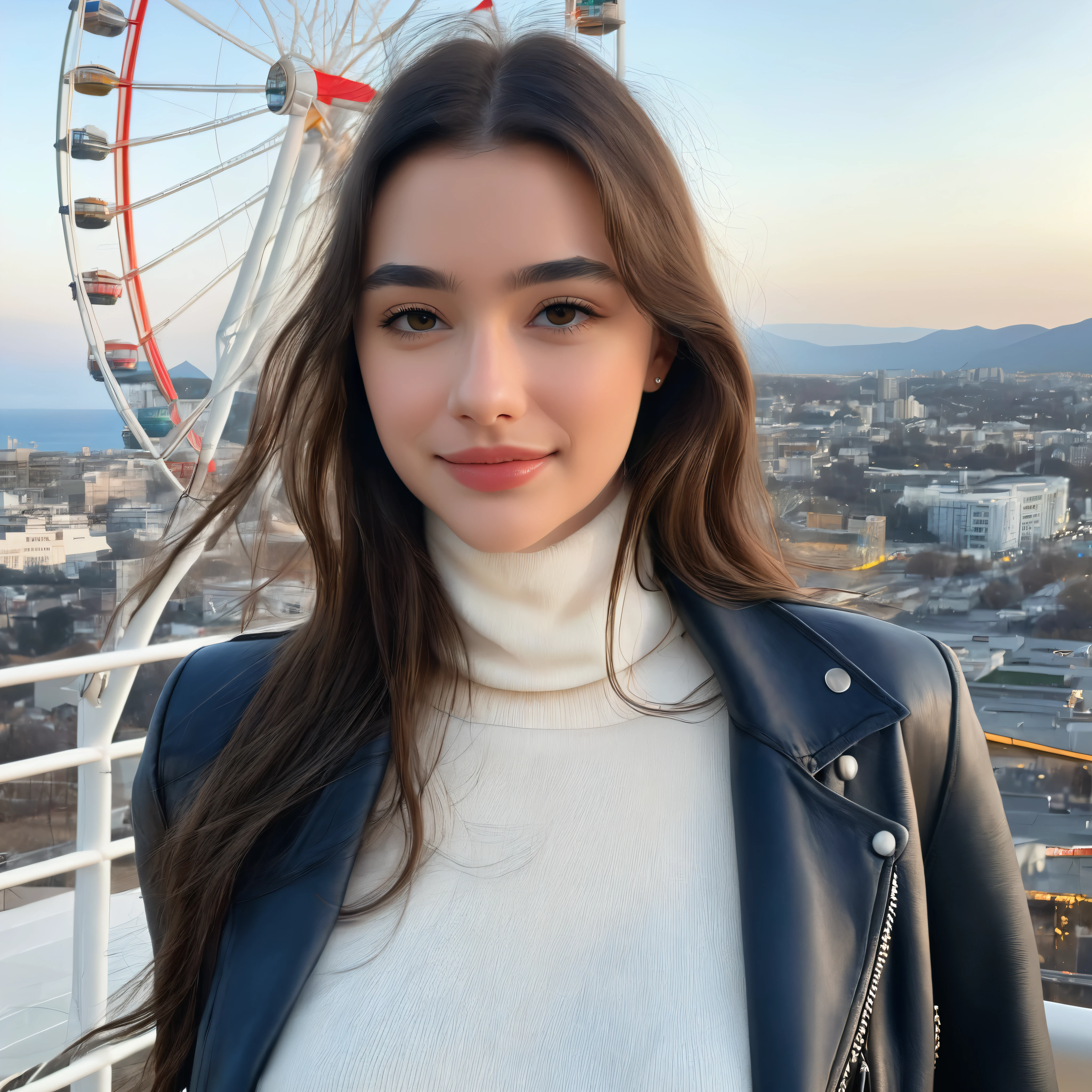 dasha_taran, Portrait of a woman, (close up),upper body, (( turtleneck sweater, leather jacket, blue jeans)), sitting in a ferris wheel, ((smiling)), long hair, floating hair, hair blows in the wind, windy, ((perfect eyes, detailed eyes,realistic eyes)), (masterpiece, best quality, ultra-detailed, best shadow), high contrast, (best illumination), ((cinematic light)), colorful, hyper detail, dramatic light, intricate details, (1 girl, solo) , ultra detailed artistic photography, dreamy, backlit, shadows, ultra high definition, 8k, ultra sharp focus, ultra high quality model, soft lighting, film photography, analogue photography, hyperrealism,, ((sharp face, detailed face, realistic face, naturtal skin, realistic skin, detailed skin, pores))