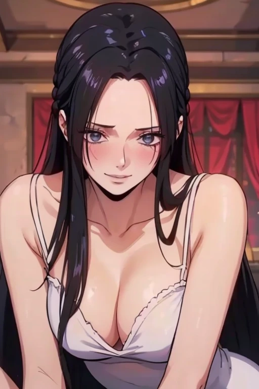 best quality, masterpiece, highly detailed,1girl, ((rose)), (vine), cage, bandage, red rope, (detail light), falling rose petals, Boa Hancock, , (masterpiece:1.5), Detailed Photo, Smiling, Sexy, (8K, Best Quality: 1.4), (1girl), Beautiful Face, (anime realistic Face), (Black Hair, long Hair: 1.3), Beautiful Hairstyle, Realistic eyes, beautiful detail eyes, (white skin), beautiful skin, absurd, attractive, ultra high resolution, ultra realistic, high definition, golden ratio, (sexually aroused:1.5), Pinkish white skin, cool white light, sexy pose, Beautiful , white background, pink soft white light, Wear a white dress