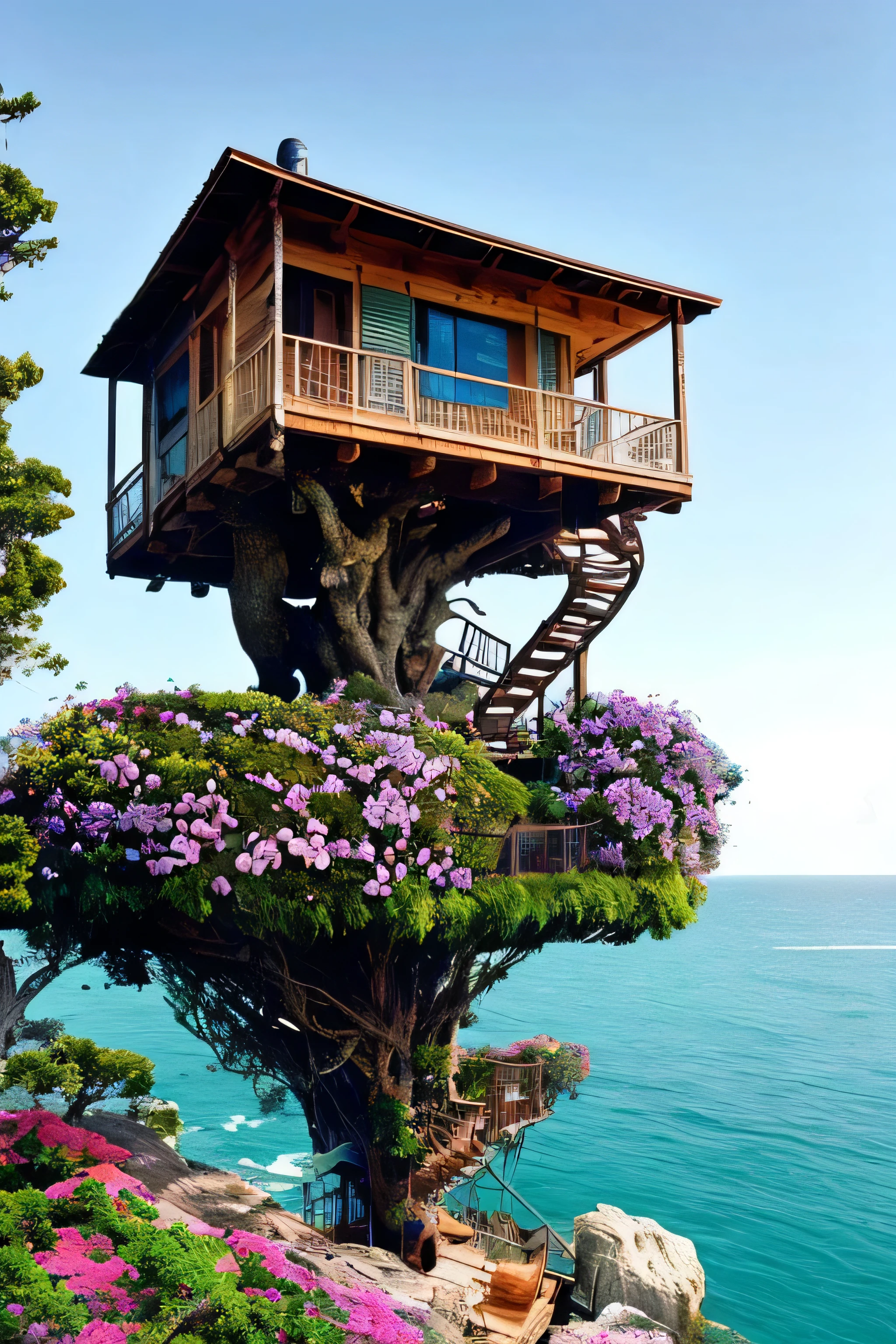 Perfection The Coolest tree house on a large rock in the middle of the sea with flowers in front of the house and trees on both sides of the house