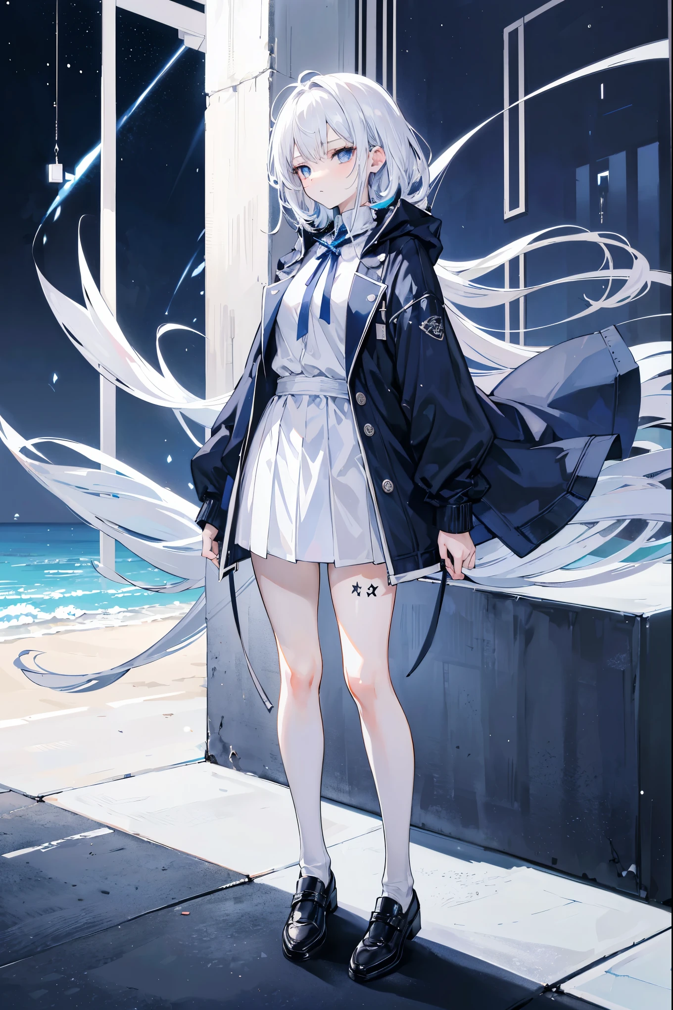"anime girl, 1 person, silver white hair, dark blue eyes,(( women's shirt)), women's jacket,dark blue dress, white socks, moderate chest, stern face, full body,solo, seen from many different angles,"(full HD 4K+ image)"