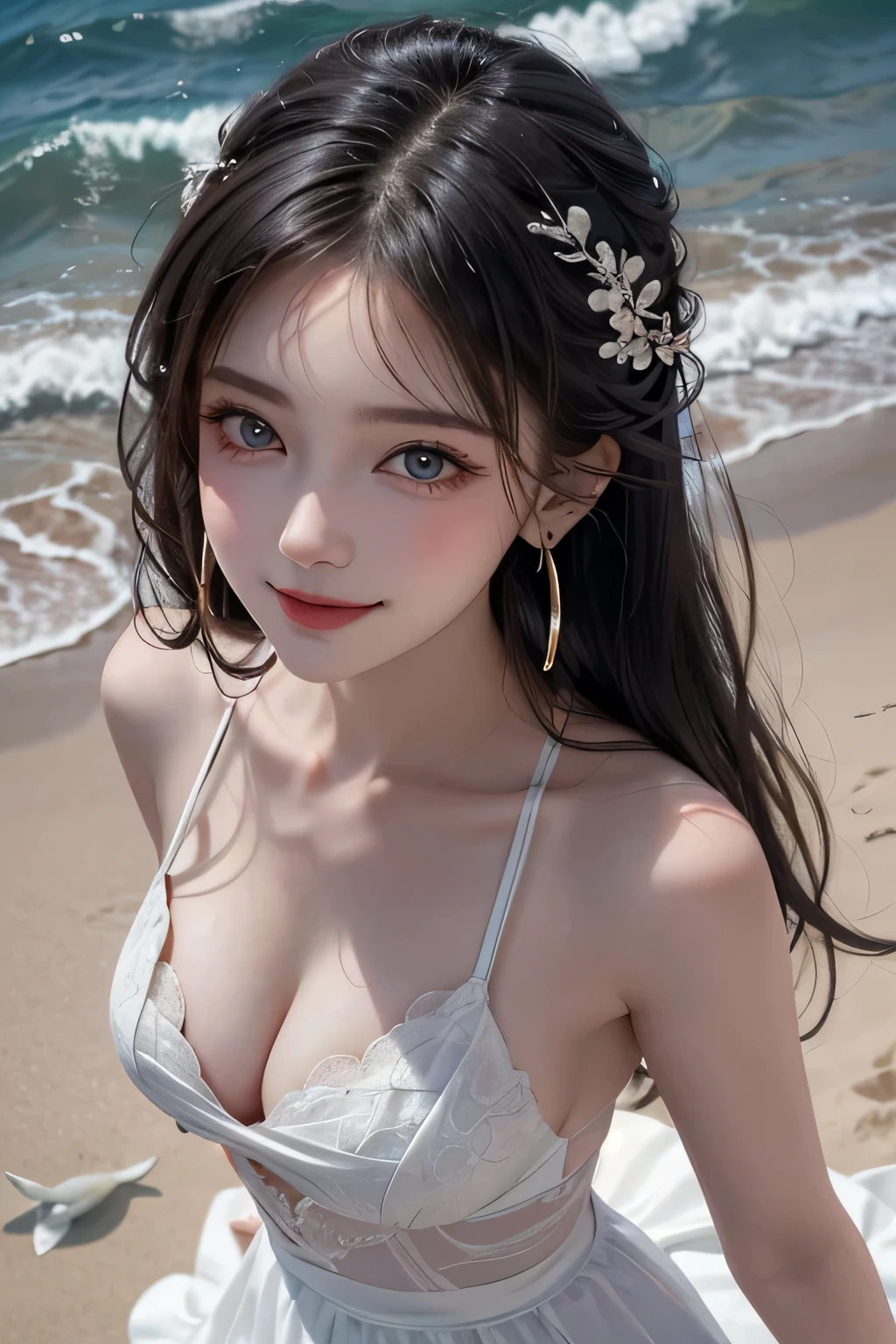 {{{16k}}},{{{masterpiece}}}, {{{best quality}}}, {{{ultra detailed}}},{{{an extremely delicate and beautiful}}},One girl,(Fisheye Lens:1.1),Ocean,Wind,black hair,shining hair,sunset,Beach,(Aesthetics and atmosphere:1.2),realisitic,depth of fields,Big eyes,((large breasts:1.2)),Skinny,Enchanting,beauitfulface,White dress,Showcasing cleavage,Swayback stance,A light smile,Happy,Shallow depth of field,,Layered cut,Hoop Earrings,Hair Ribbon,((from above:1.4)),