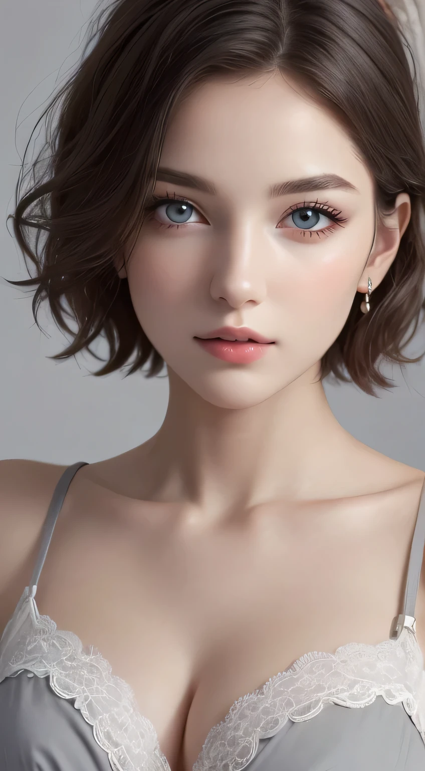 8K uhd、RAWphotograph、Model photo shoot、 European race、(masterpiece、highest quality、Photorealistic、High resolution、photograph:1.3)、Close-up、Focusing、Hot Model、slim、30 year old mature woman、Small face、No makeup、Short Hair、Dark Brown Hair、Fine beautiful eyes、Real Skin、(perfect body)、Detailed beautiful eyes、Glossy lips、Small breasts、Small breasts、Bust B cup、Realistic details、Cool beauty、Cool pose、Background gray、Plain grey background、