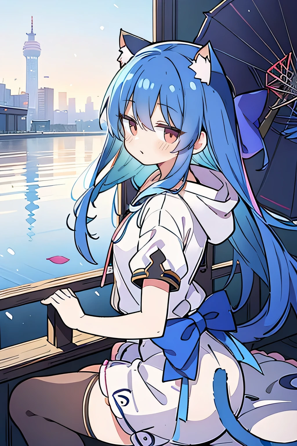 (masterpiece:1.2),Super detailed,lifelike,Expressive eyes,fair skin,perfect face shape,1 girl,
Japanese comics,Gorgeous blue hair,flowing blue hair,flowing clothes,Cat ears,Petals fall,beautiful lola,Baby Angel,
Shaking head with one hand,Cross your legs,Gentle and peaceful background,The pavilion is cool and comfortable,smile, wearing hoodie, background of tokyo,back views,snowing, winter.