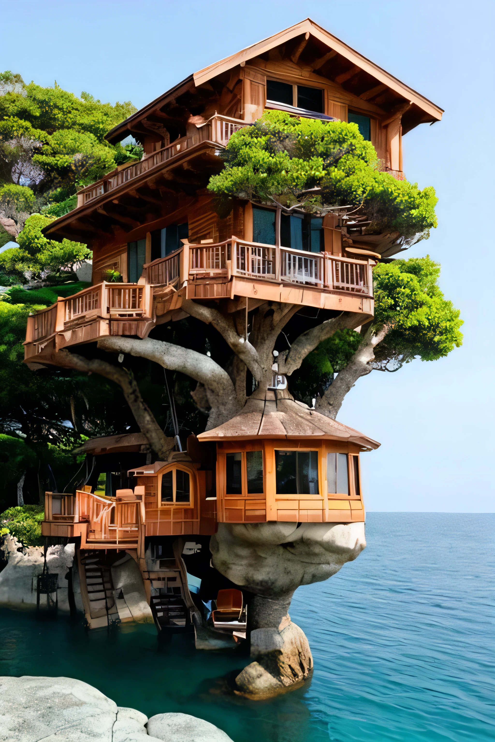 Perfection The Coolest tree house on a large rock in the middle of the sea with flowers in front of the house and trees on both sides of the house
