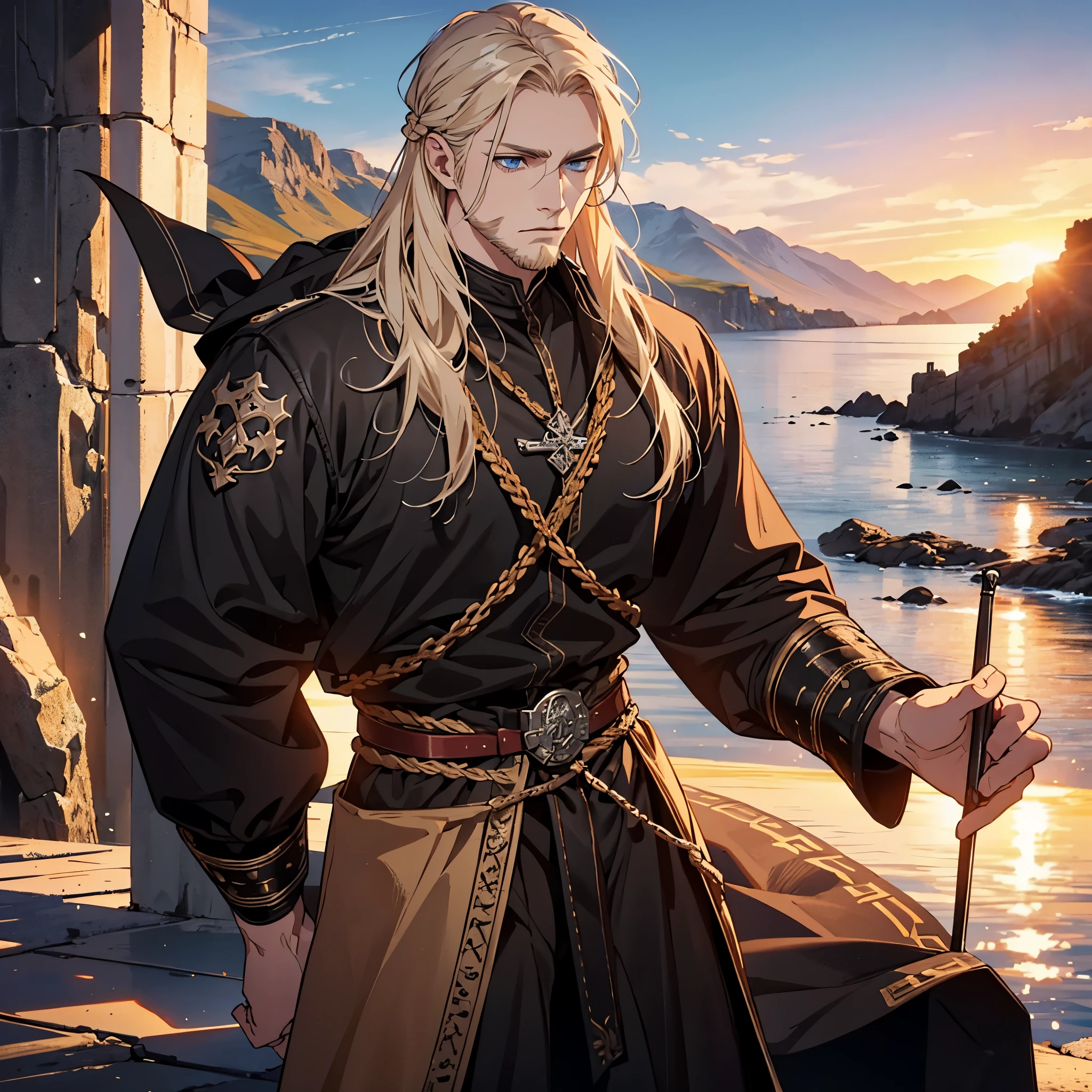 Create an image of Bjorn Ragnarsson, son of Ragnar Lothbrok, standing on a port with the sea and mountains behind him. Bjorn has long blond hair, a trimmed beard, piercing blue eyes, fair skin, and a muscular physique. He wears leather attire similar to Ragnar Lothbrok from the show 'Vikings.' Bjorn is depicted in a masculine, normal stance. Incorporate symbolic elements representing his Viking heritage and faith, such as Norse runes or Viking symbols. Set the scene with warm lighting, as if bathed in the golden glow of sunset, to evoke a sense of valor and adventure.