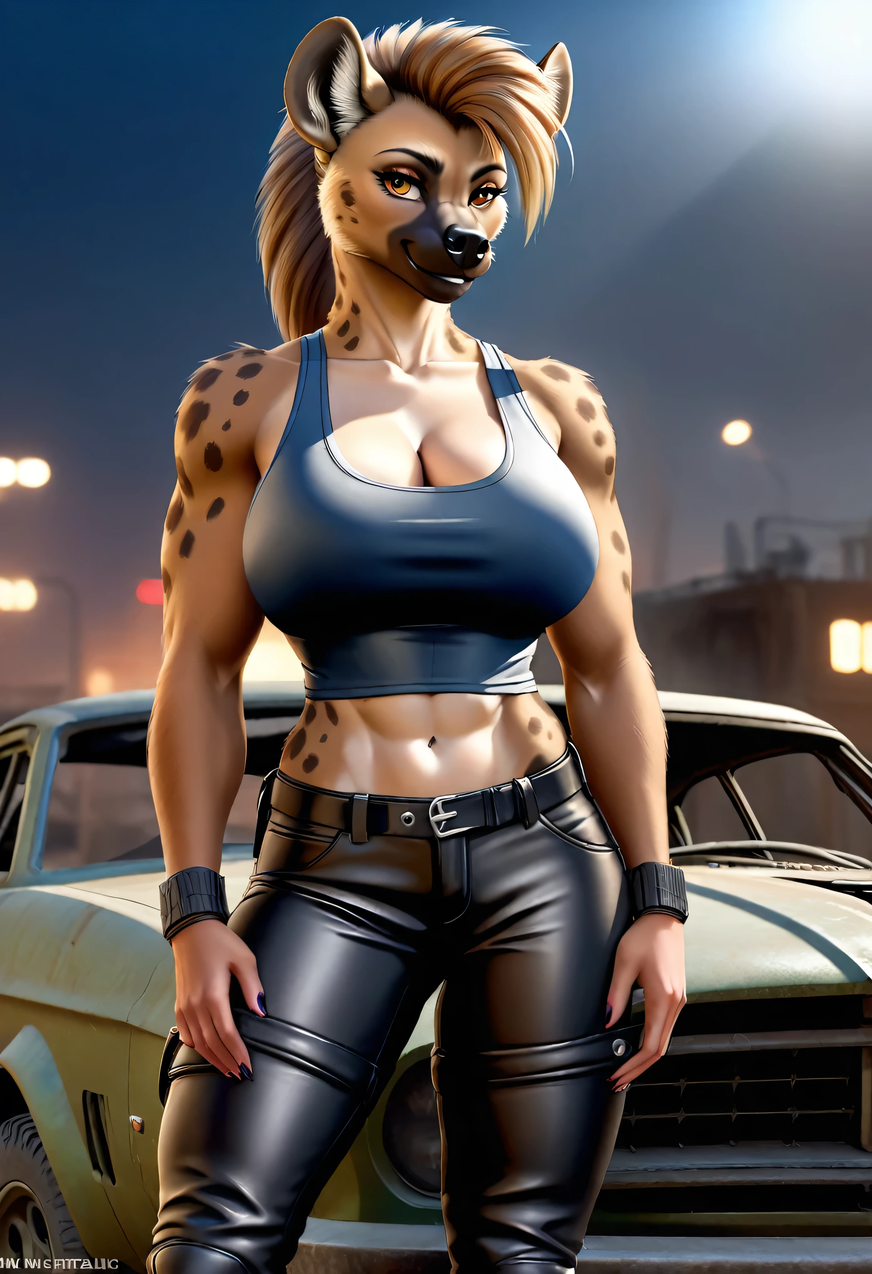 4k highly detailed realistic digital extremely high quality drawing, masterpiece, (by keeltheequine), (uploaded on e621), (a full-body portrait of an anthro hyena girl), ((posing on the hood of a car in a post-apocalyptic wasteland)), ((wearing a tanktop, tight leather pants and combat boots)), (beautiful and detailed eyes:1.1), fur, seductive, sexy, voluptuous, curvy body, hourglass figure, large breasts, muscles, cinematic lighting, (f1.8 short focus bokeh)