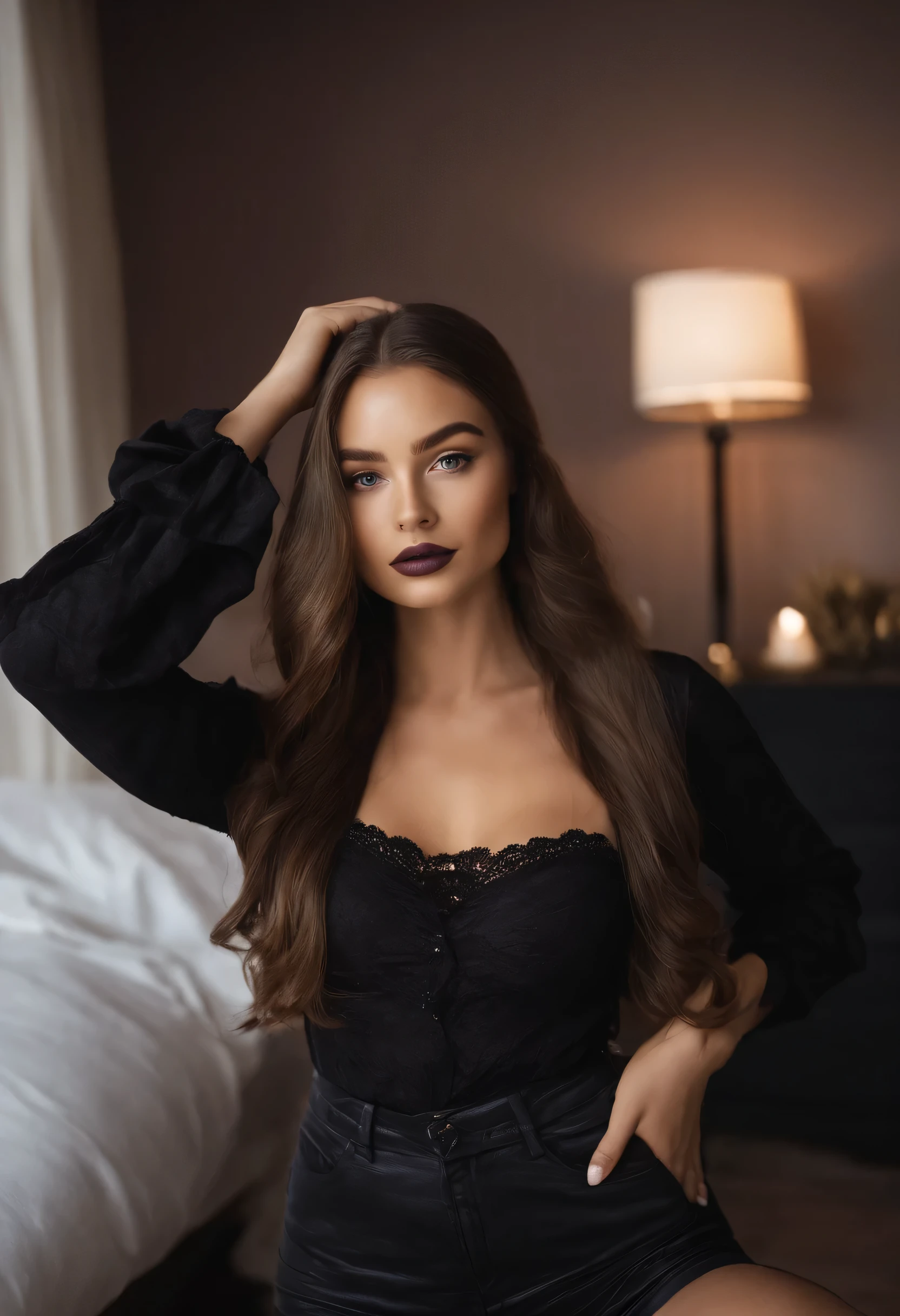 Arafed woman with black clothes, fille sexy aux yeux bruns, Portrait Sophie Mudd, cheveux noirs et grands yeux, selfie of a young woman, Yeux de chambre, Violet Myers, sans maquillage, maquillage naturel, looking straight at camera, Visage avec Artgram, Maquillage subtil, Superbe photo du corps entier, dans la chambre, clivage