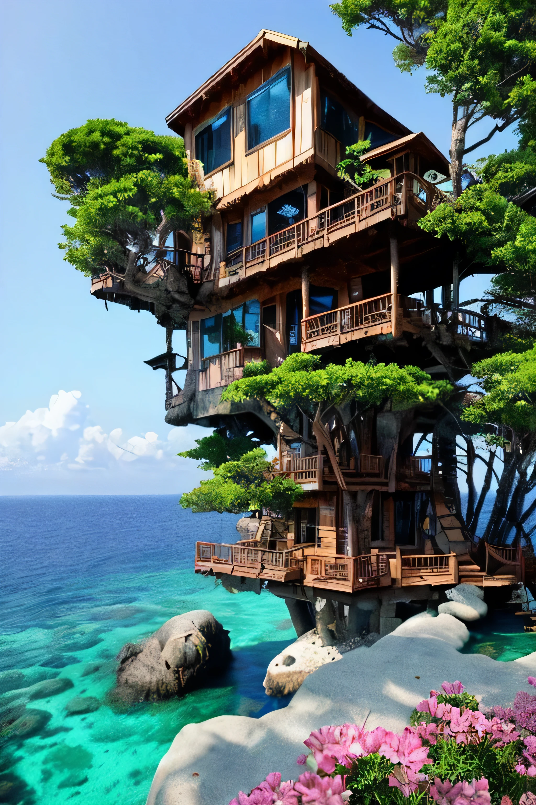 Perfection The Coolest tree house on a large rock in the middle of the sea with flowers in front of the house and trees on both sides of the house

