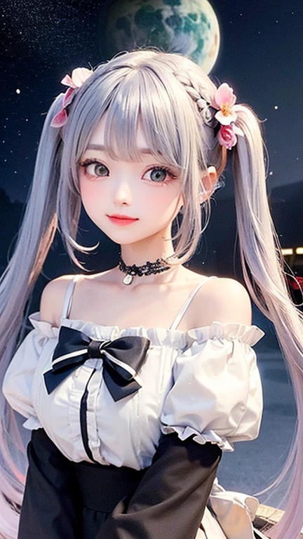 (highest quality, masterpiece), One Girl, Twin tails、stop temporarily, particle, Wind, flower, Upper Body, Simple Background, View your audience, , milky way,smile、Turquoise Eyes、（Silver long hair）、Red eyeshadow、flower柄、See-through、Sexy Lolita、Braid、Twin tails、Wind、Crescent Moon