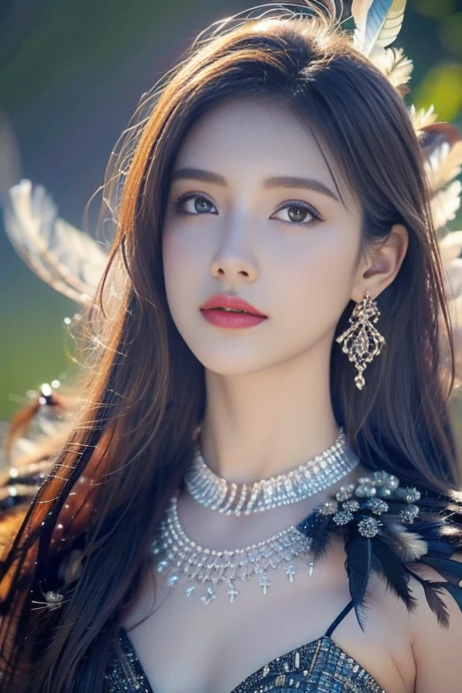 1 sister, (Eyes looking at camera), (Feather earrings: 1.2), (masterpiece, quality, best quality, official art, beautiful beautiful: 1.2), Very detailed nipples, (Fractal Art: 1.1), (color :1.1), Feather background,
