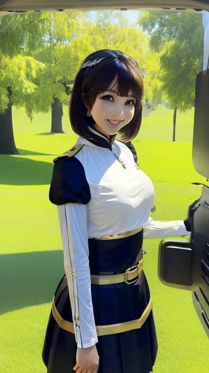 ((best quality)), ((muste piece)), (detailed face), (highlight), princess、Big breasts、blunt bangs、black hair、combat uniform、skirt、