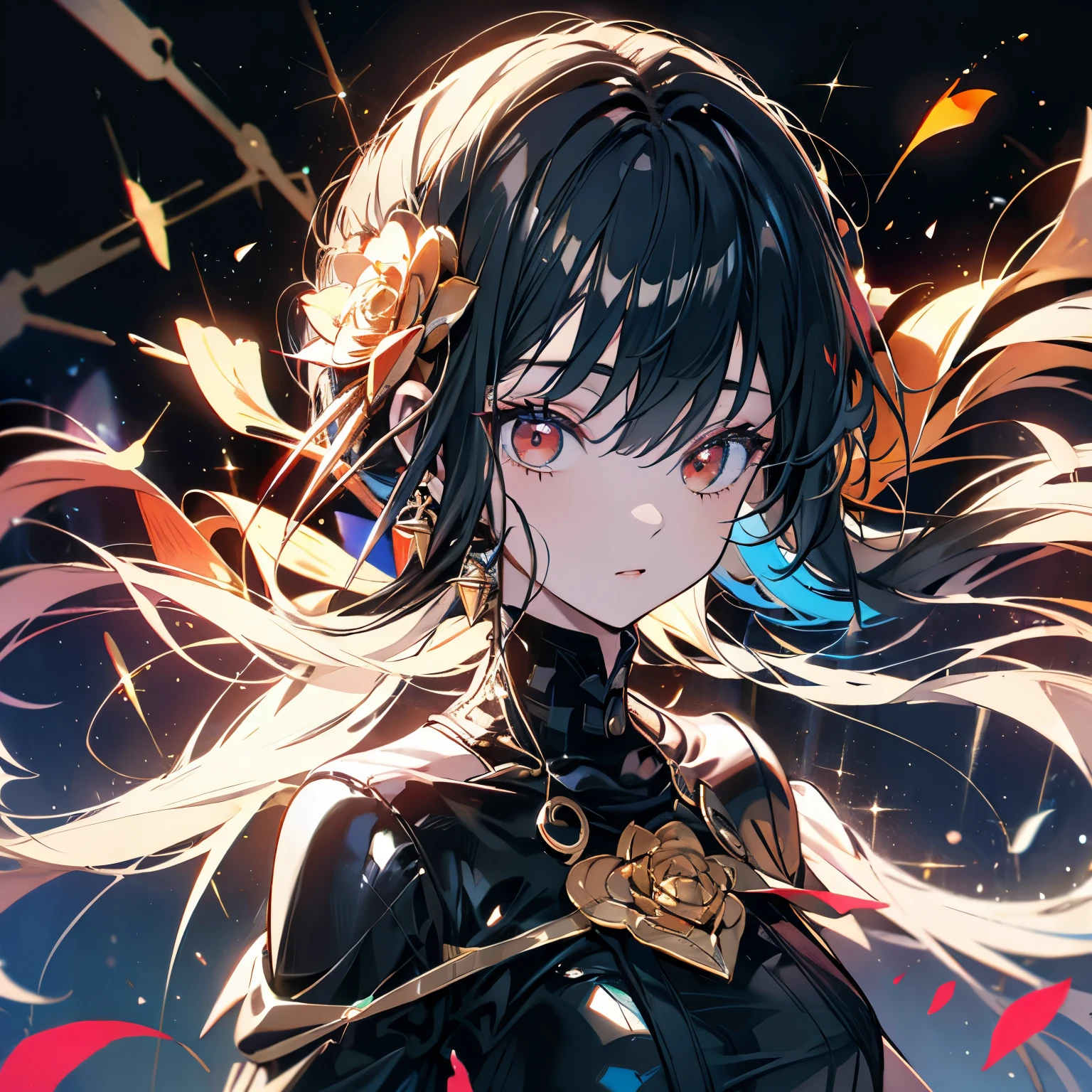 Masterpiece、Yolfoger、Black Hair、Red Eyes、night、full moon、Gold rose hair ornament