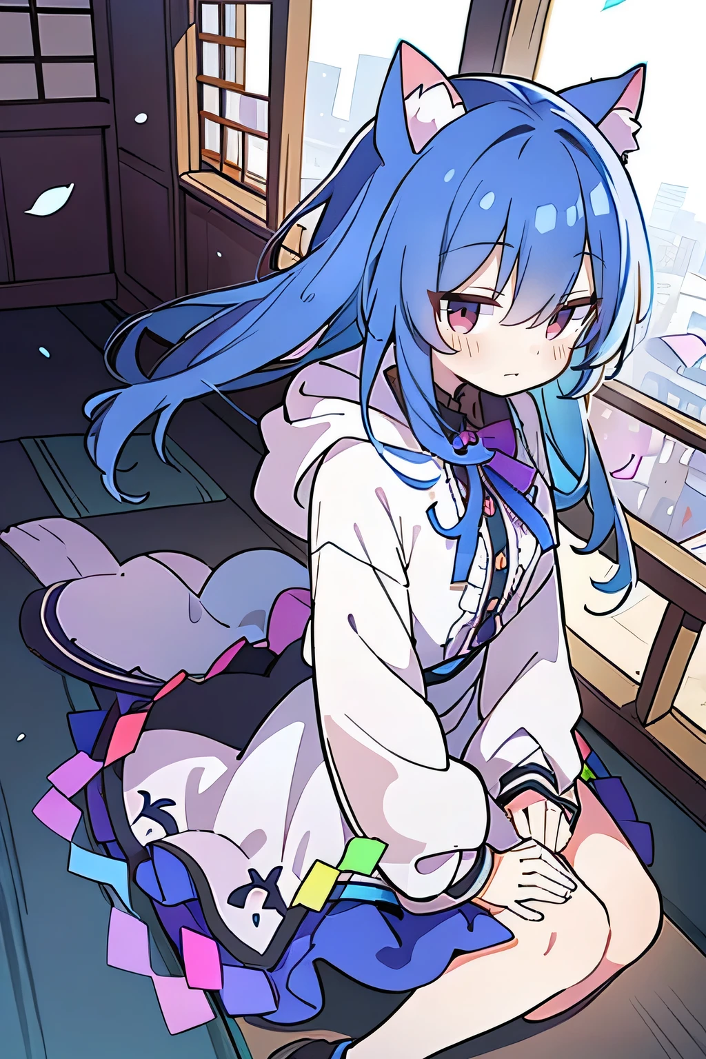 （masterpiece：1.2），Super detailed，lifelike，Expressive eyes，fair skin，perfect face shape，1 girl，
Japanese comics,Gorgeous blue hair,flowing blue hair,flowing clothes,Cat ears,Petals fall,beautiful lola,Baby Angel,
Shaking head with one hand，Cross your legs，Gentle and peaceful background，The pavilion is cool and comfortable,smile, wearing hoodie, background of tokyo,back views,snowing, winter.