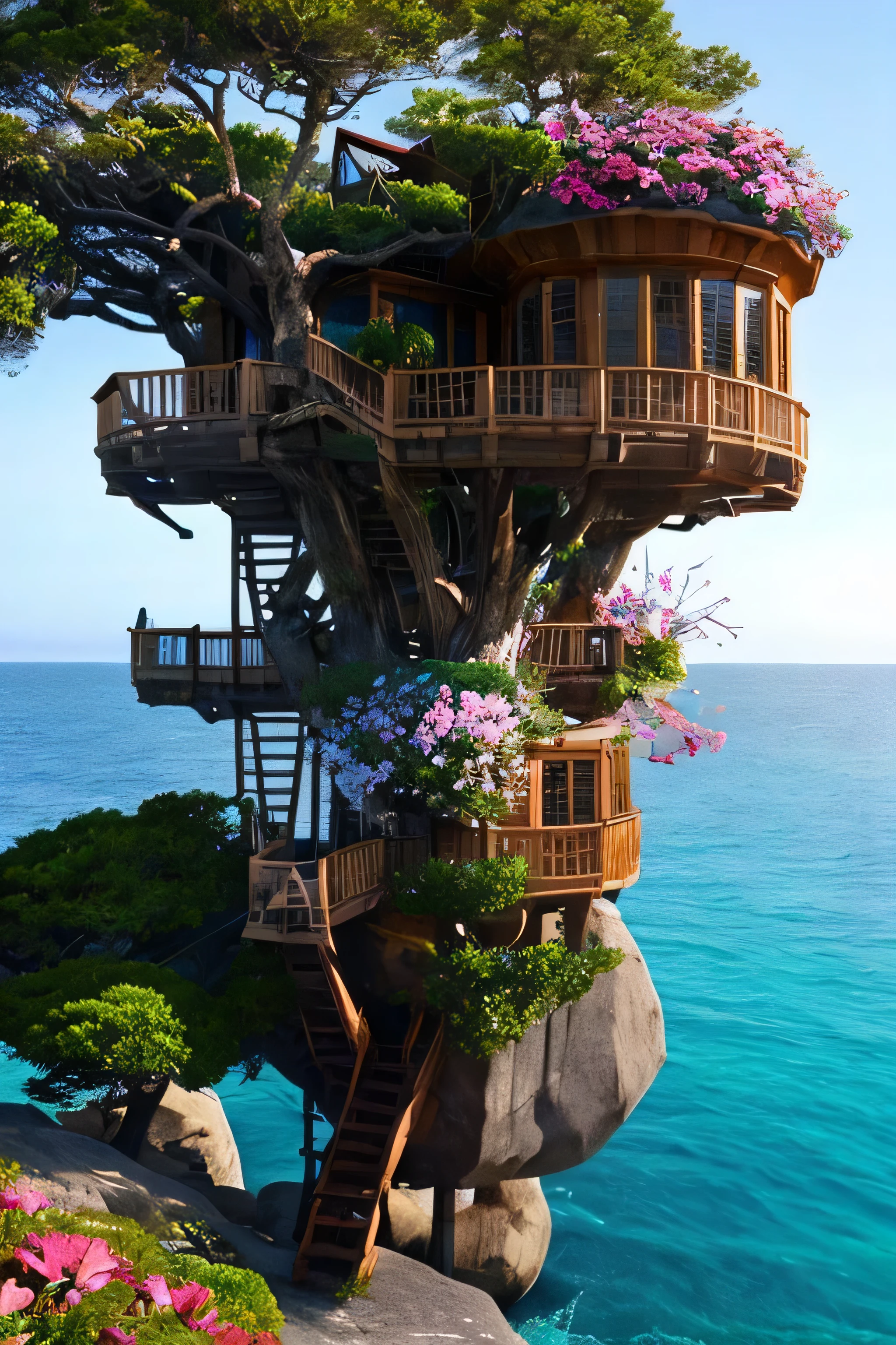 Perfection The Coolest tree house on a large rock in the middle of the sea with flowers in front of the house and trees on both sides of the house

