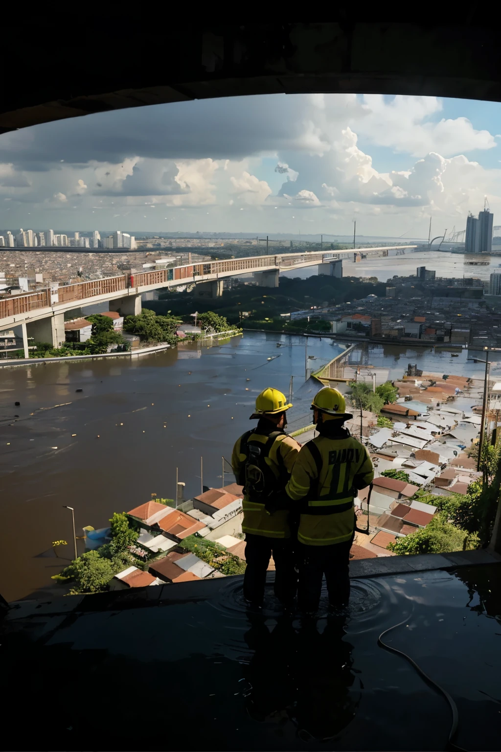 Firefighters with their backs looking at a flooded city, Brazilian flag in the wind