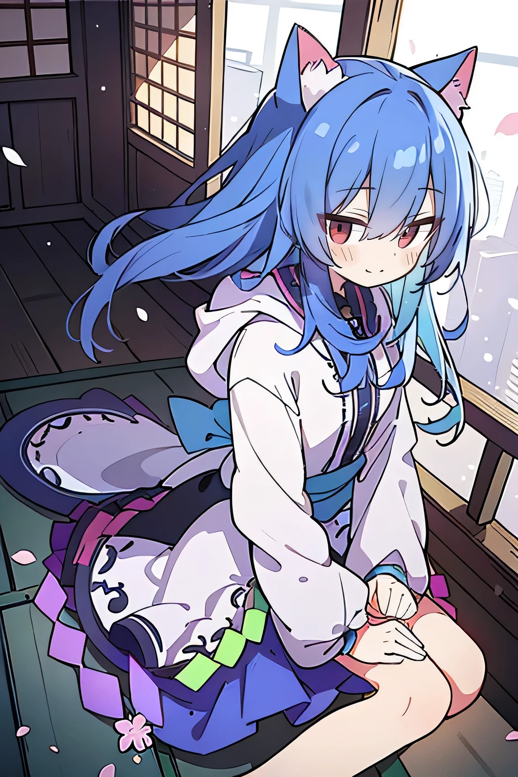 (masterpiece:1.2),Super detailed,lifelike,Expressive eyes,fair skin,perfect face shape,1 girl,
Japanese comics,Gorgeous blue hair,flowing blue hair,flowing clothes,Cat ears,Petals fall,beautiful lola,Baby Angel,
Shaking head with one hand,Cross your legs,Gentle and peaceful background,The pavilion is cool and comfortable,smile, wearing hoodie, background of tokyo,back views,snowing, winter.