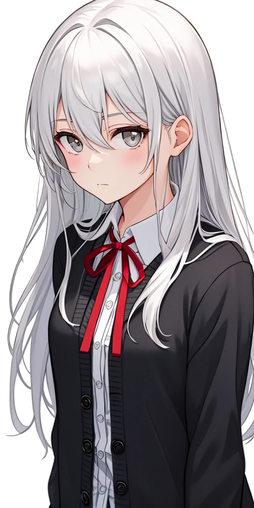 ((casual-style)), 1girl, solo, white hair, shirt, red ribbon, ribbon, looking at viewer, long hair, upper body, white eyes, white shirt, grey eyes, hair between eyes, neck ribbon, collared shirt, cardigan, closed mouth, expressionless, jacket, simple background, frills, bangs, white background, long sleeves