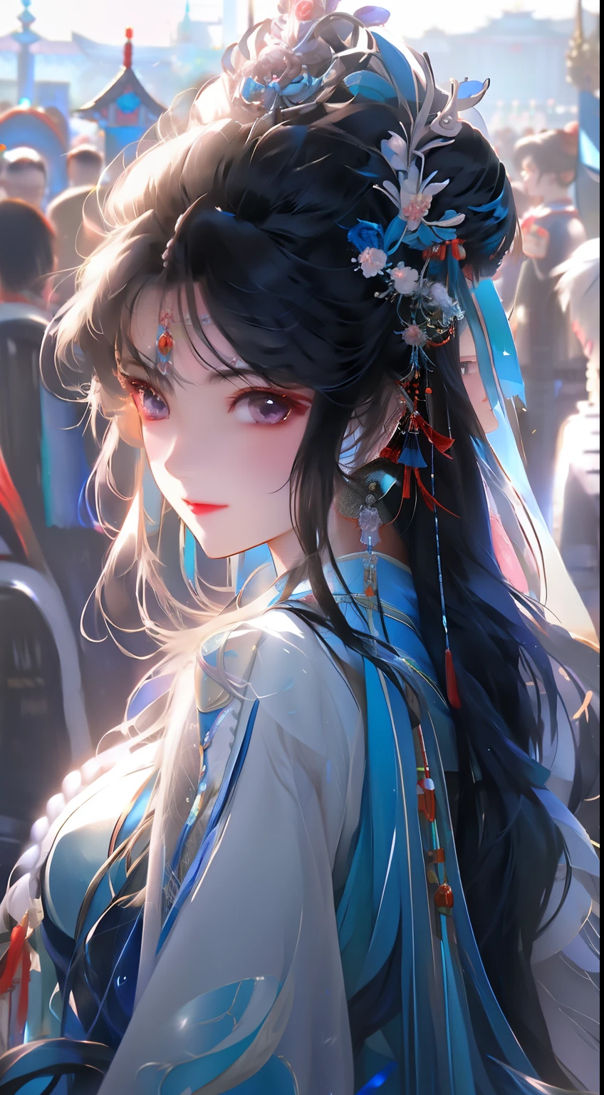 Anime girl wearing tie and blue dress in the crowd, palace ， Girl wearing Hanfu, Beautiful character painting, Guvitz, Guvitz-style artwork, A beautiful anime portrait, beautiful fantasy queen, author：Yang Jie, Beautiful anime woman, Detailed portrait of anime girl, Beautiful girl, A beautiful artistic illustration, Beautiful digital art work