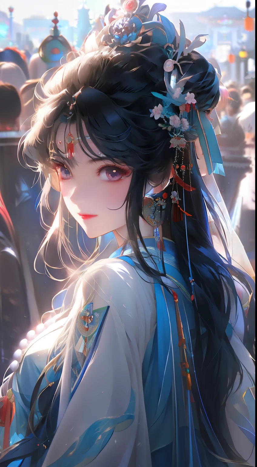 Anime girl wearing tie and blue dress in the crowd, palace ， Girl wearing Hanfu, Beautiful character painting, Guvitz, Guvitz-style artwork, A beautiful anime portrait, beautiful fantasy queen, author：Yang Jie, Beautiful anime woman, Detailed portrait of anime girl, Beautiful girl, A beautiful artistic illustration, Beautiful digital art work