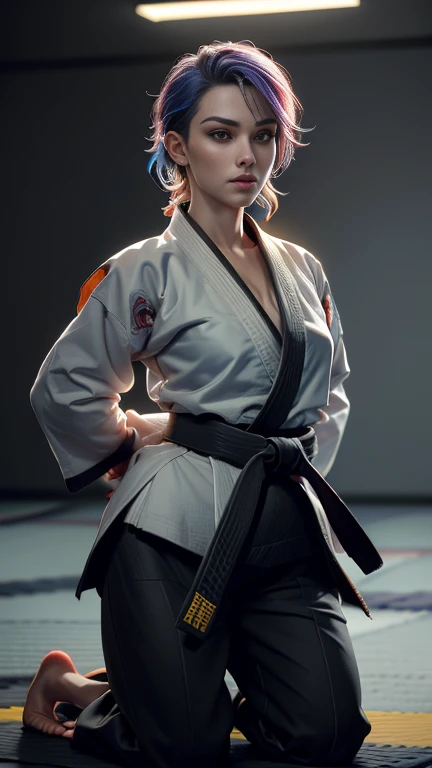 photo of celebrity, RAW, beautiful woman, ((portrait)), ((detailed face, colorful rainbow hair:1.2)), ((detailed facial feature, detailed skin, clear skin, parted lips), (perfect proportioned body, medium breasts), ((wearing a black karate gi, kneeling in a dojo, hands behind back: 1.5)), (high detailed dojo: 1.3), (realistic photo, best quality, detailed), (8k wallpaper), (cinematic lighting, dramatic lighting) (sharp focus, intricate)
