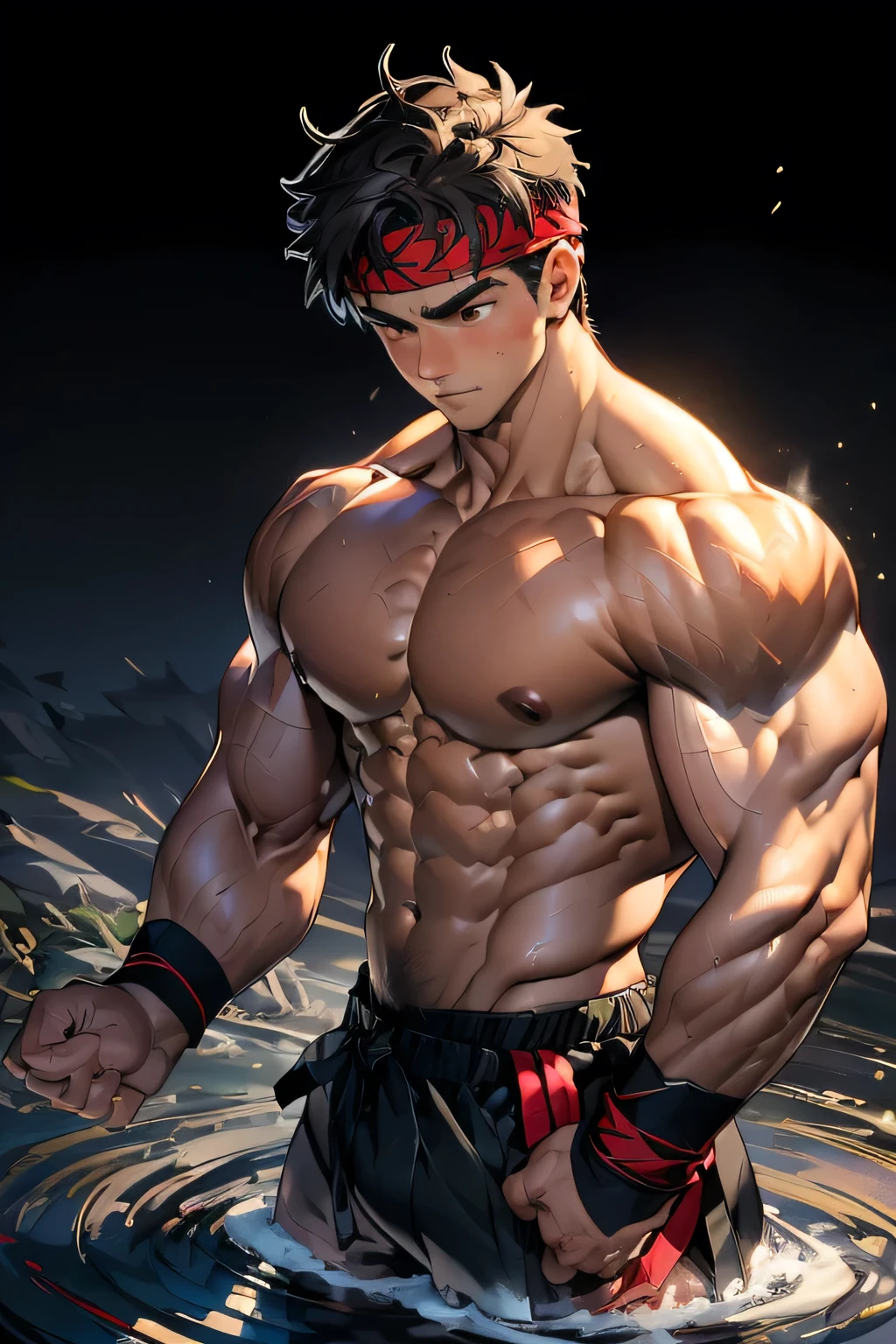 (Masterpiece, Best quality 19 year old boy, black background, looking away), solo, Young, boy, muscler, Shirtless, topless, (Dark Short straight hair, under cut, brown eyes), (red headband, ((black wristband))), Vivid colors, (hot Abs:1.2, abs!, big abs, big breast:1.2, chest!, muscler upper arms), (topless male), muscler!, muscler body, detailed face, detailed muscle, serious, (((A magical mystical aura power:1.4, rippling muscles, martial arts poses)))