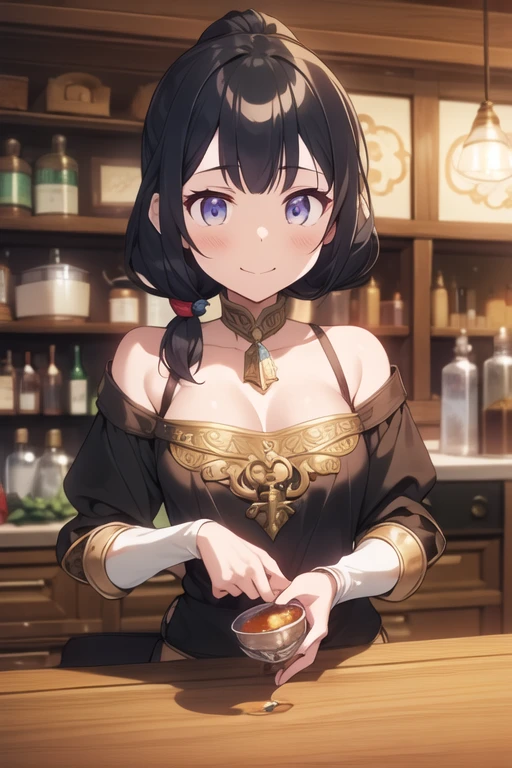 (fantasy:1.5),(anime,8k,masterpiece, top quality, best quality,beautiful and aesthetic:1.2,professional illustrasion:1.1,ultra detail:1.3,perfect lighting),extremely detailed,highest detailed,incredibly absurdres , highres, ultra detailed,intricate:1.6,(Alchemy Workshop:1.4),A girl mixing,Medicine in many small bottles,holding small potion,colorful:1.4,zentangle,(1girl),(girl),(Three kingdoms female warload),(highly detailed beautiful face and eyes,firm breasts),oily skin,((black,hair,short bob with short pony tail hair)),thin pubic hair,cute,lovely,,alchemist costume,Merchant's Clothing,smile