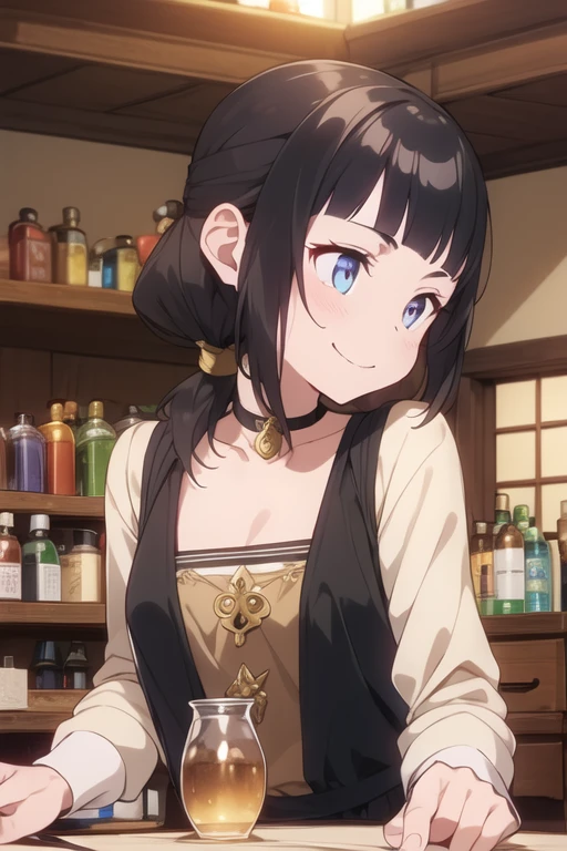 (fantasy:1.5),(anime,8k,masterpiece, top quality, best quality,beautiful and aesthetic:1.2,professional illustrasion:1.1,ultra detail:1.3,perfect lighting),extremely detailed,highest detailed,incredibly absurdres , highres, ultra detailed,intricate:1.6,(Alchemy Workshop:1.4),A girl mixing,Medicine in many small bottles,holding small potion,colorful:1.4,zentangle,(1girl),(girl),(Three kingdoms female warload),(highly detailed beautiful face and eyes,firm breasts),oily skin,((black,hair,short bob with short pony tail hair)),thin pubic hair,cute,lovely,14 years old,alchemist costume,Merchant's Clothing,smile