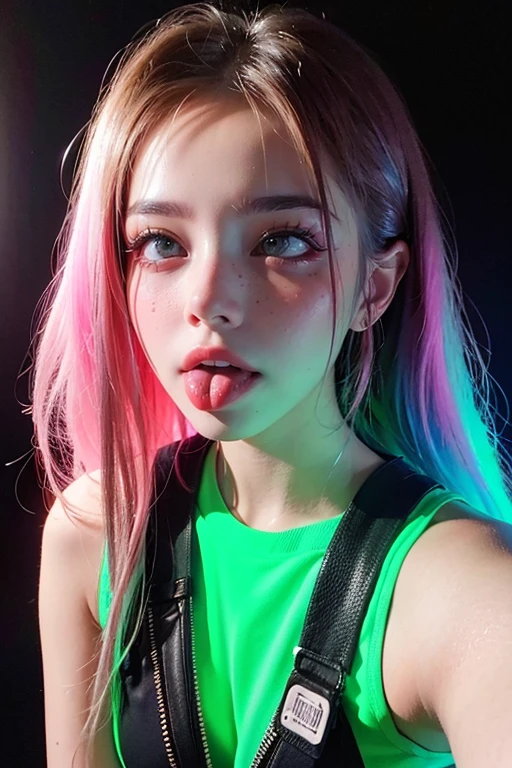 (ultra realistic),Photo, high quality, Analog Photography Ahegao , (low lighting), (neon atmosphere) light background ,portrait of a girl, Ahegao, chölka, view from above, detailed eyes,