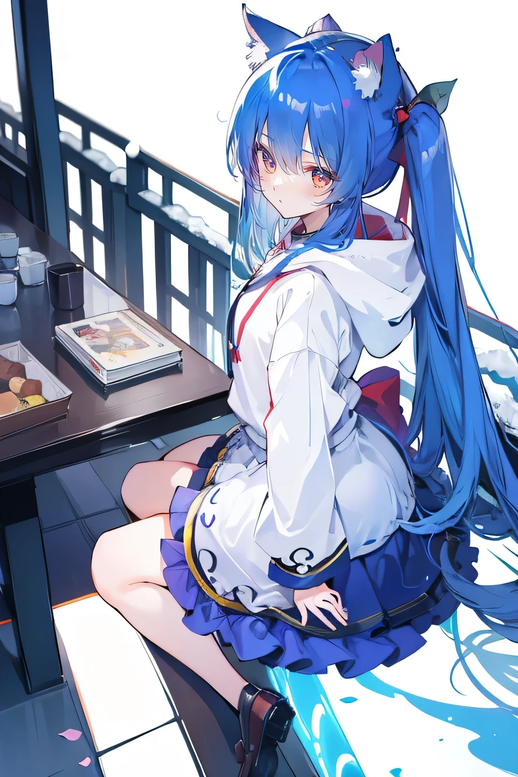 （masterpiece：1.2），Super detailed，lifelike，Expressive eyes，fair skin，perfect face shape，1 girl，
Japanese comics,Gorgeous blue hair,flowing blue hair,flowing clothes,Cat ears,Petals fall,beautiful lola,Baby Angel,
Shaking head with one hand，Cross your legs，Gentle and peaceful background，The pavilion is cool and comfortable,smile, wearing hoodie, background of tokyo,back views,snowing, winter.