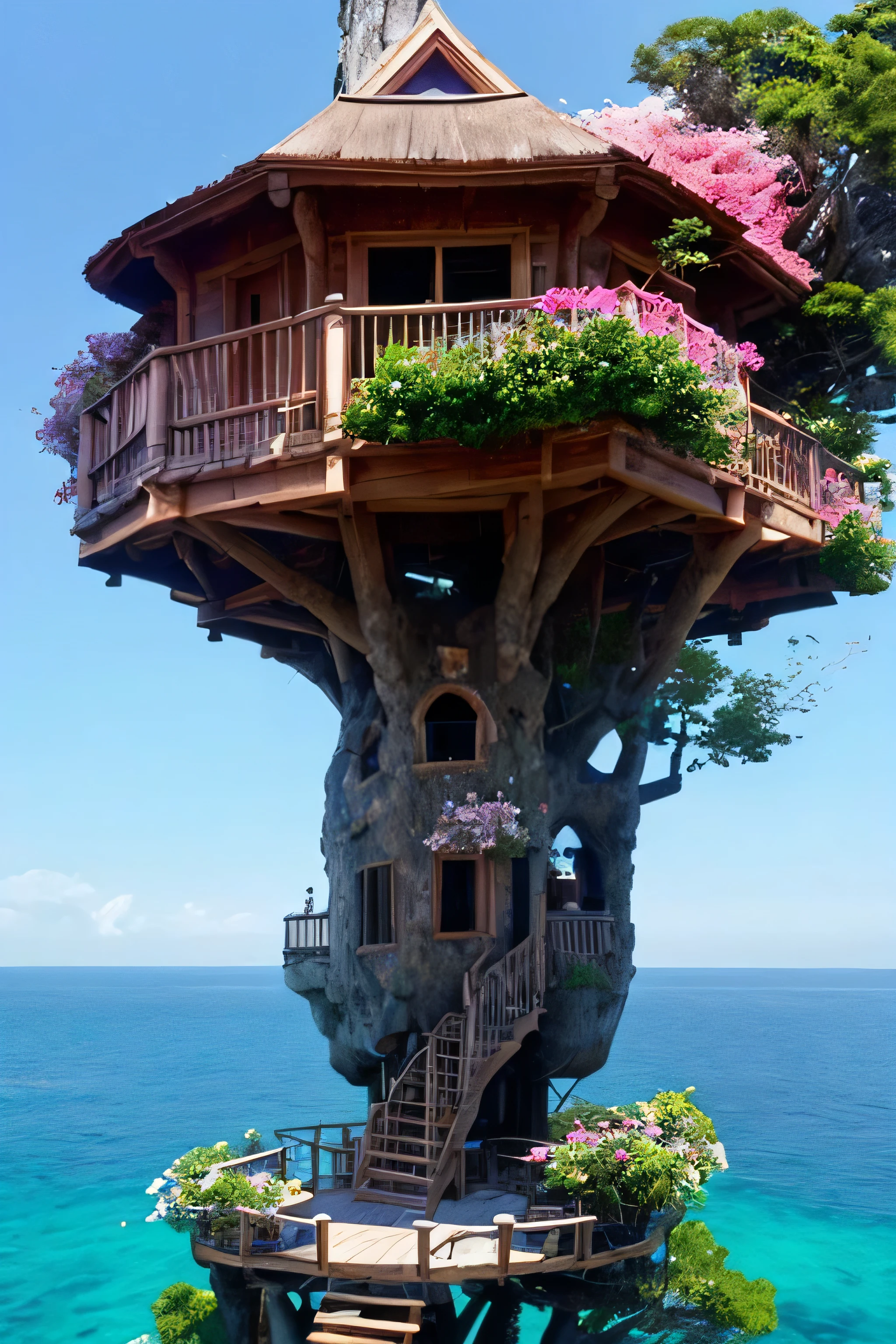 Perfection The Coolest tree house on a large rock in the middle of the sea with flowers in front of the house and trees on both sides of the house
