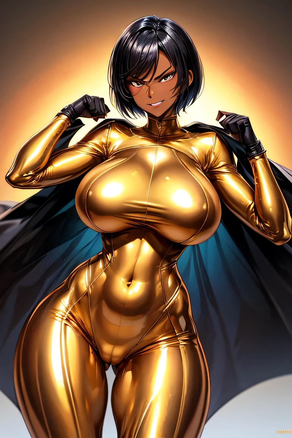 short black hair, tall, shiny skin, glossy skin, huge breasts, fit, dark skin, very dark skin, very long legs , cameltoe, angry smile, gold skinsuit
