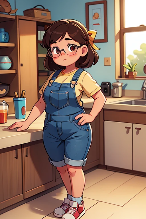 A pudgy teen of late adolescence with rosy cheeks; brown eyes; fat, . She is in a denim overalls, with a prominent bow on her waist; she is wearing blue sneakers shoes. She is standing in a kitchen on her phone. Her panties are visible between her legs. Her knees are pressed together, her legs bent. She has on round glasses, and is dark skin,