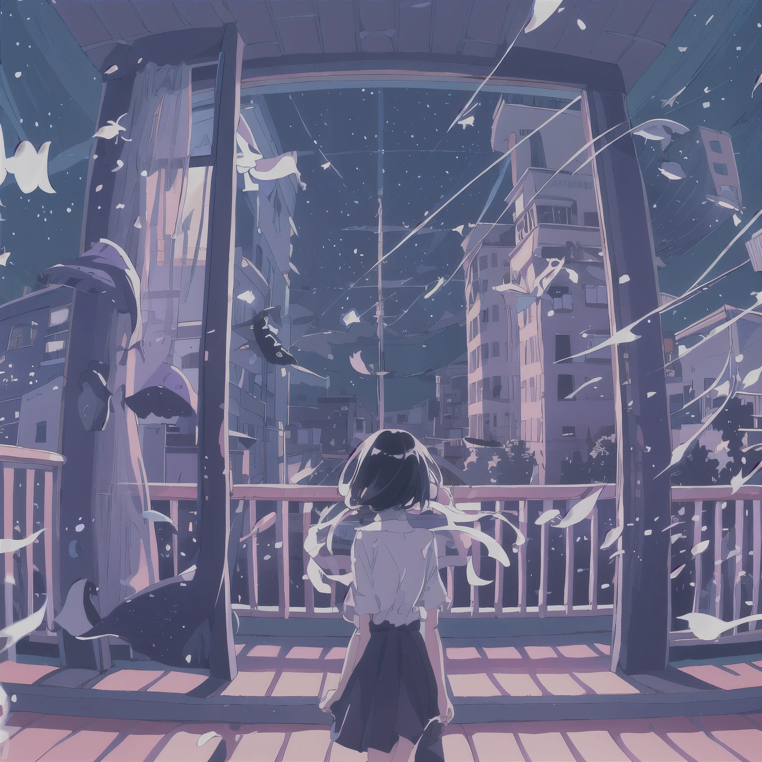 One girl, with short hair cascading down her shoulders, stands alone in front of large windows overlooking the city. The night sky outside is a beautiful canvas of stars, and she leans against the sliding door with one leg slightly spread, her skirt billowing slightly in the gentle breeze. The whole scene is bathed in the soft glow of the moonlight, casting long shadows and highlighting her delicate features. She gazes out at the starry sky, a contented red blush on her cheeks, her long hair catching the moonbeams and shimmering like spun gold. The night is still, and the city is hushed, as if holding its breath in awe of the serene beauty before it.