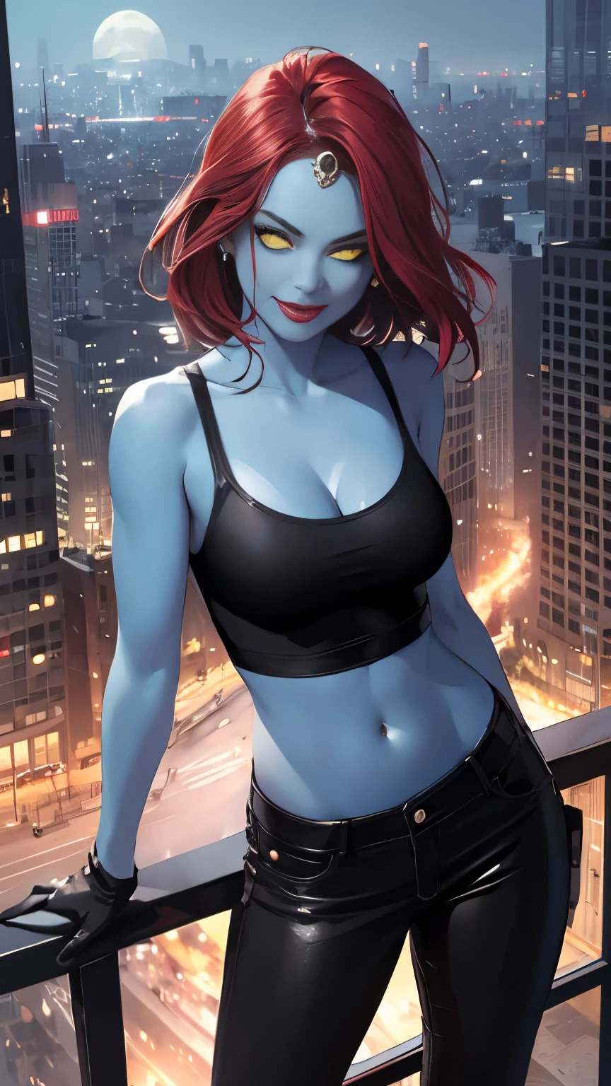 (Highly quality, masterpiece, detailed), night city detailed scenario, night city detailed background, 20 years old girl, solo, mystique, yellow sclera, blue skin, forehead jewel, cleavage, tank top, black shirt, bare shoulders, black gloves, midriff, black pants, evil smile, colored skin, navel, perfect face, beautiful eyes, perfect eyes, looking at the viewer, Sexy pose