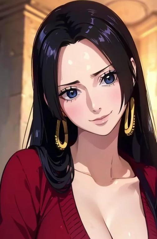 best quality, masterpiece, highly detailed,1girl, Boa Hancock, (masterpiece:1.5), Detailed Photo, Smiling, Sexy, (8K, Photorealistic, Best Quality: 1.4), (1girl), Beautiful Face, (anime realistic Face), (Black Hair, long Hair: 1.3), Beautiful Hairstyle, Realistic eyes, beautiful detail eyes, (realistic skin), beautiful skin, (sweater), absurd, attractive, ultra high resolution, ultra realistic, high definition, golden ratio, (sexually aroused:1.5), wear a white bra