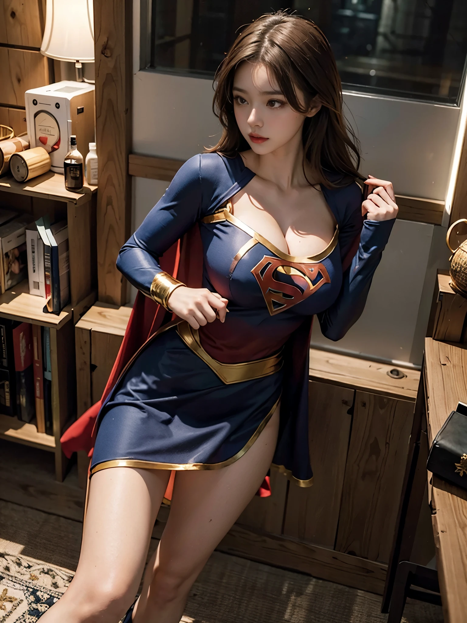 Woman body set big breasts, Supergirl costume dress, BROWN HAIR