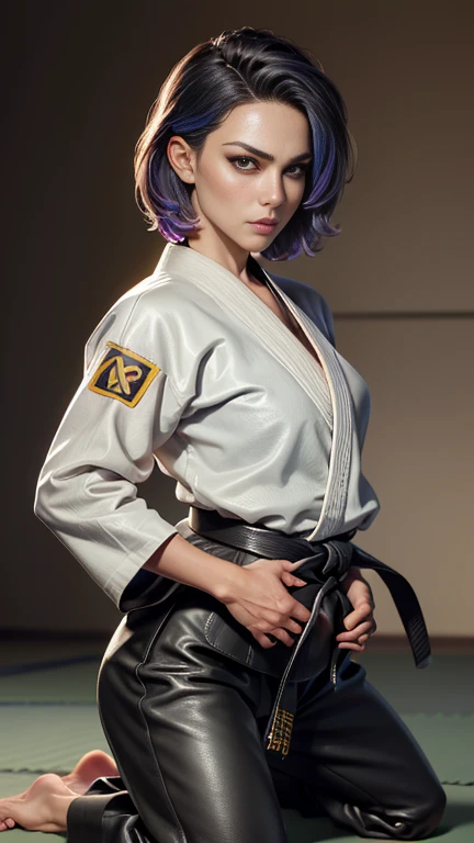 photo of celebrity, RAW, beautiful woman, ((portrait)), ((detailed face, colorful rainbow hair:1.2)), ((detailed facial feature, detailed skin, clear skin, parted lips), (perfect proportioned body, medium breasts), ((wearing a black leather karate gi, kneeling in a dojo, hands behind back: 1.5)), (high detailed dojo: 1.3), (realistic photo, best quality, detailed), (8k wallpaper), (cinematic lighting, dramatic lighting) (sharp focus, intricate)