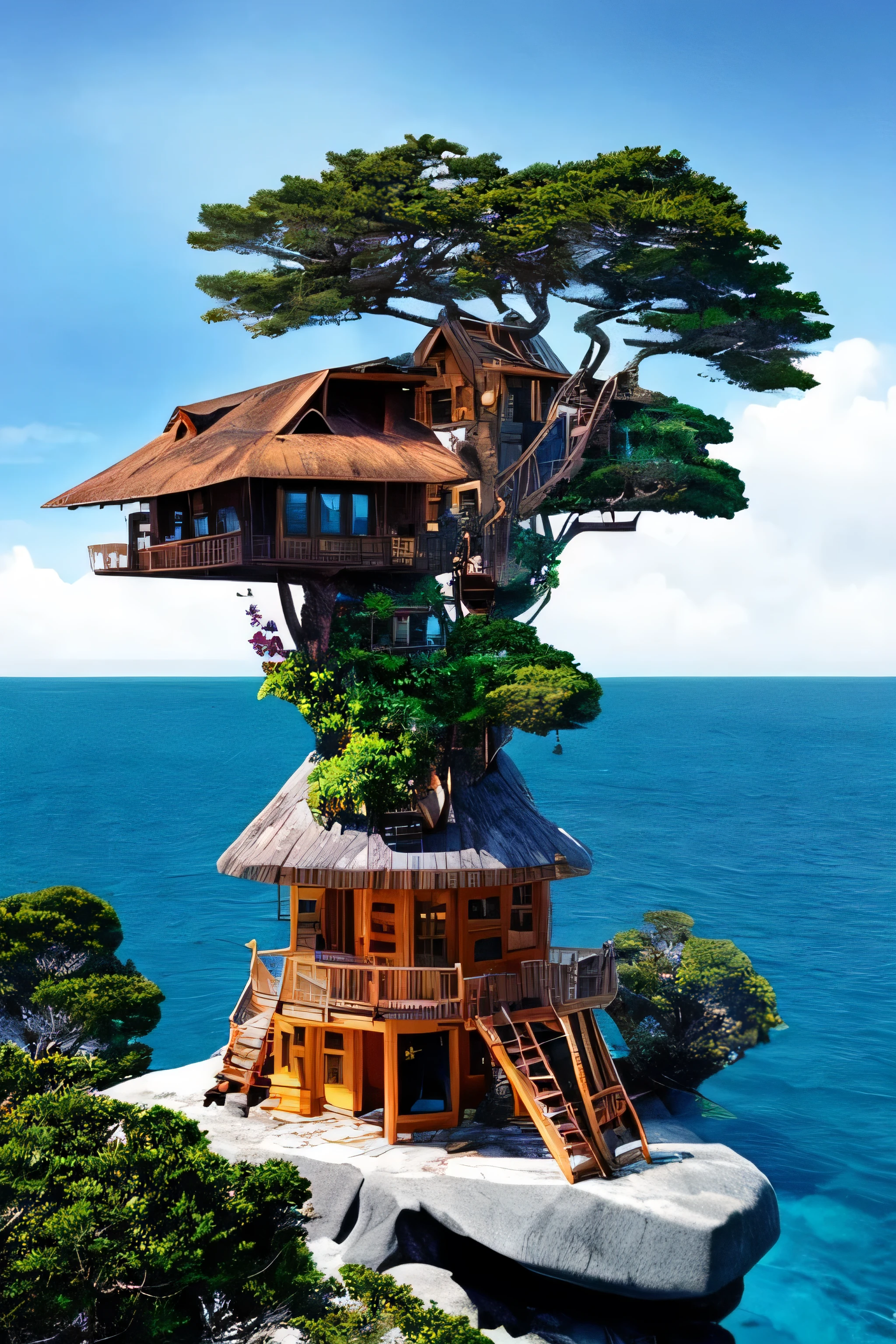 Perfection The Coolest tree house on a large rock in the middle of the sea with flowers in front of the house and trees on both sides of the house