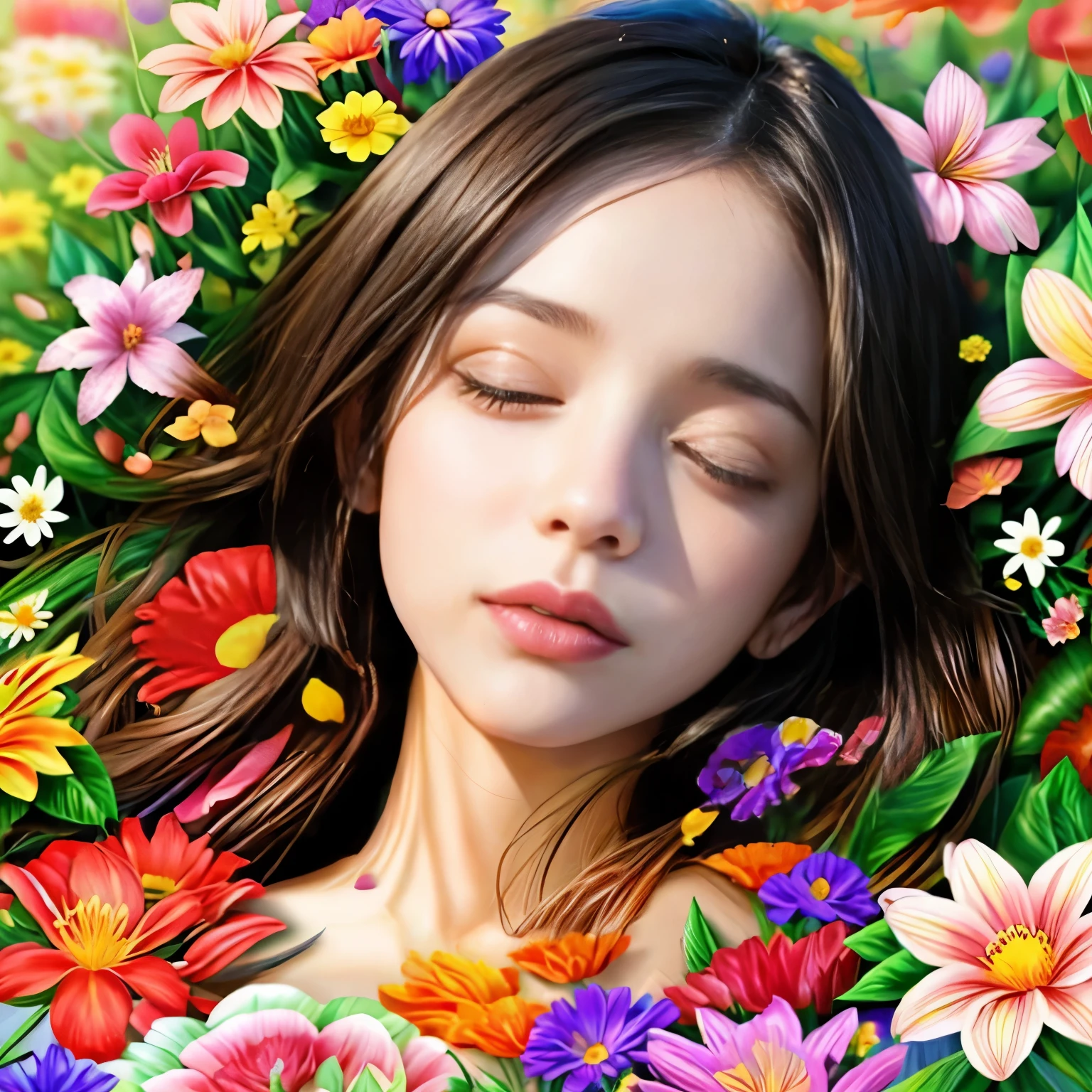 Girl sleeping among flowers