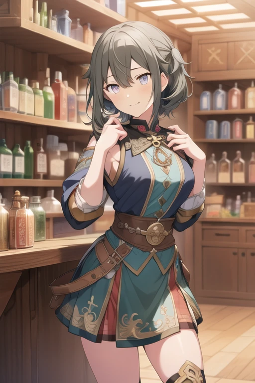 (fantasy:1.5),(anime,8k,masterpiece, top quality, best quality,beautiful and aesthetic:1.2,professional illustrasion:1.1,ultra detail:1.3,perfect lighting),extremely detailed,highest detailed,incredibly absurdres , highres, ultra detailed,intricate:1.6,(Alchemy Workshop:1.4),A girl mixing,Medicine in many small bottles,holding small potion,colorful:1.4,zentangle,(1girl),(girl),(Three kingdoms female warload),(highly detailed beautiful face and eyes,firm breasts),oily skin,((black,hair,short bob with short pony tail hair)),thin pubic hair,cute,lovely,14 years old,alchemist costume,Merchant's Clothing,smile