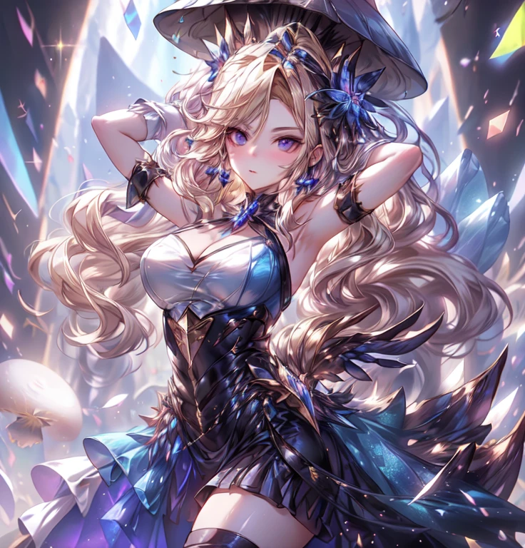 a beautiful 20 year old blonde woman with big messy hair in a blue dress, white stockings, black headband, cleavage, holding a glowing mushroom, fantasy art style, highest quality, masterpiece, 8k, 超A high resolution, beautiful face,